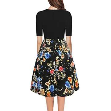 oxiuly Women's Vintage Patchwork Pockets Puffy Swing Casual Party Dress OX165 (Black Floral, l)