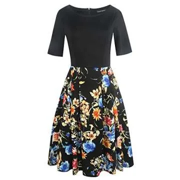 Oxiuly Women's Vintage Patchwork Dress with Pockets