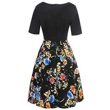 Oxiuly Women's Vintage Patchwork Dress with Pockets