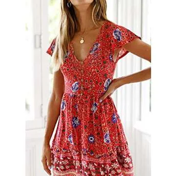 KIRUNDO Women’s 2019 Summer Hot Short Sleeve V-Neck High Waist Floral Print Mini Boho Sun Dress with Button Red Small