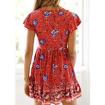KIRUNDO Women’s 2019 Summer Hot Short Sleeve V-Neck High Waist Floral Print Mini Boho Sun Dress with Button Red Small