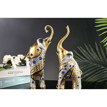 Mose Cafolo Set of 2 pcs Pair of Large 12" Tall Golden Feng Shui Thai Elephant Statues Figurines wit...