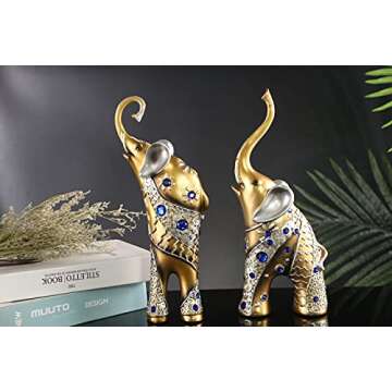 Mose Cafolo Set of 2 pcs Pair of Large 12" Tall Golden Feng Shui Thai Elephant Statues Figurines with Beautiful Blue Gem Wealth Lucky Figurine Gift & Home Décor
