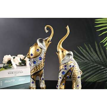 Mose Cafolo Set of 2 pcs Pair of Large 12" Tall Golden Feng Shui Thai Elephant Statues Figurines with Beautiful Blue Gem Wealth Lucky Figurine Gift & Home Décor