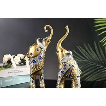 Mose Cafolo Set of 2 pcs Pair of Large 12" Tall Golden Feng Shui Thai Elephant Statues Figurines with Beautiful Blue Gem Wealth Lucky Figurine Gift & Home Décor
