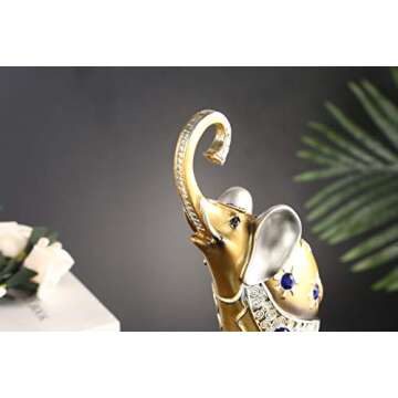Mose Cafolo Set of 2 pcs Pair of Large 12" Tall Golden Feng Shui Thai Elephant Statues Figurines with Beautiful Blue Gem Wealth Lucky Figurine Gift & Home Décor