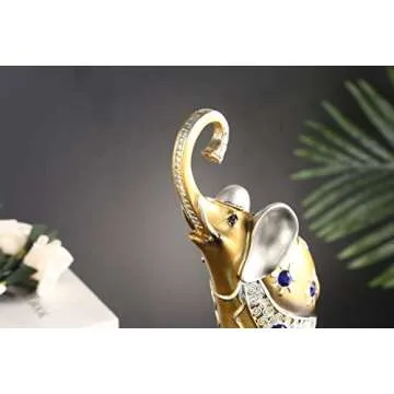 Mose Cafolo Set of 2 pcs Pair of Large 12" Tall Golden Feng Shui Thai Elephant Statues Figurines with Beautiful Blue Gem Wealth Lucky Figurine Gift & Home Décor