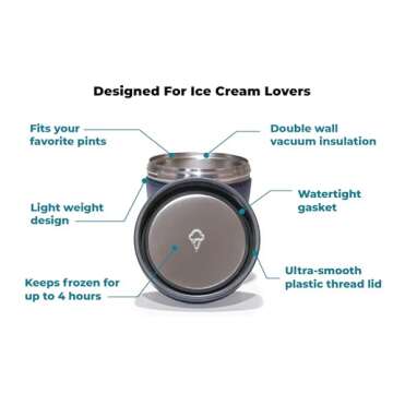 The Ice Cream Canteen Vacuum Insulated Ice Cream Pint Cooler Keeps Frozen for hours enjoy ice cream anywhere (Stainless Steel)