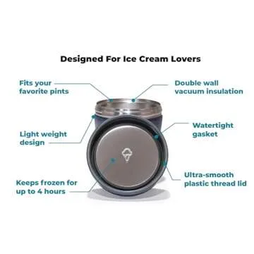 The Ice Cream Canteen Vacuum Insulated Ice Cream Pint Cooler Keeps Frozen for hours enjoy ice cream anywhere (Stainless Steel)