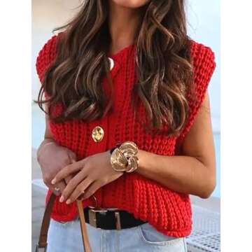 KEOMUD Women Sleeveless Crop Knit Cardigan Vest Casual Cropped Button Down Open Front Sweater Vest with Pockets Red X-Small