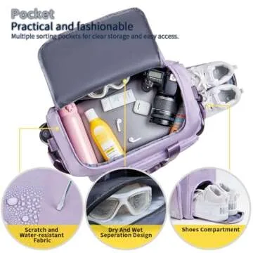 FIORETTO Women's Gym Duffle Bag with Shoes Compartment, 37L Capacity, Ideal for Travel, Gym, Sports, Duffel, Weekender, Lavender