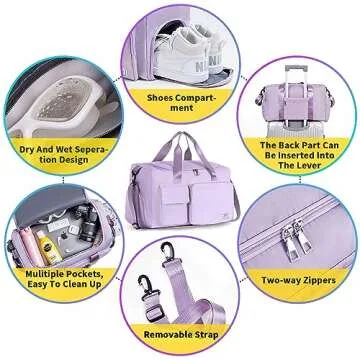 FIORETTO Women's Gym Duffle Bag with Shoes Compartment, 37L Capacity, Ideal for Travel, Gym, Sports, Duffel, Weekender, Lavender
