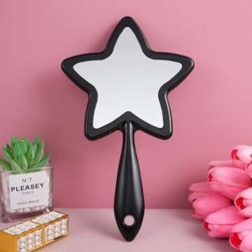 mollensiuer 1Pc Star-Shaped Handheld Mirrors Plastic Travel Makeup Handheld Cosmetic Mirror Personal Portable Handle Mirror for Face Makeup, Travel, Camping, Home, Black