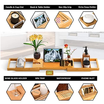 CINEYO Luxury Bamboo Bathtub Caddy Tray for Relaxation