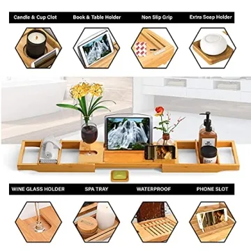 CINEYO Luxury Bamboo Bathtub Caddy Tray for Relaxation