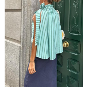 Women Halter Peplum Tank Top Y2k Striped Backless Sleeveless Babydoll Shirt Cute Ruffle Hem Flowy Cami Top(Light Green,X-Large)