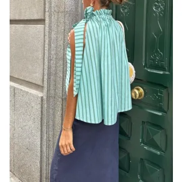 Women Halter Peplum Tank Top Y2k Striped Backless Sleeveless Babydoll Shirt Cute Ruffle Hem Flowy Cami Top(Light Green,X-Large)