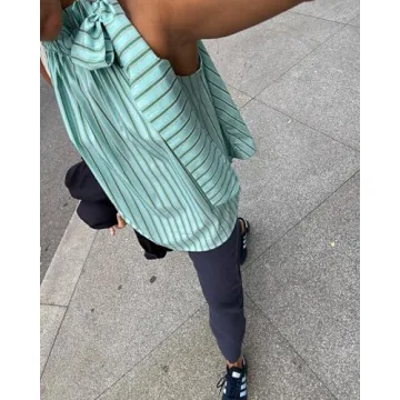 Women Halter Peplum Tank Top Y2k Striped Backless Sleeveless Babydoll Shirt Cute Ruffle Hem Flowy Cami Top(Light Green,X-Large)