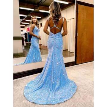 Mermaid Prom Dresses Long Sequin Evening Dresses Spaghetti Straps Formal Gowns for Women Dusty Blue