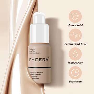 BestLand 2Pack PHOERA Foundation Full Coverage Liquid Foundation Cream - Long-lasting Lightweight Concealer - Oil-Free Formula - Natural Shade - Suitable for All Skin Types (104 Buff Beige & 105 Sand)