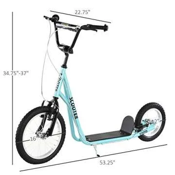 Aosom Youth Scooter, Teens Kick Scooter, Adjustable Handlebar Ride On Toy for 5+ with 16" Front and 12" Rear Dual Brakes Inflatable Wheels, Blue