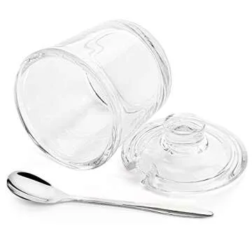 ZEAYEA Set of 2 Clear Glass Sugar Bowl, 6 Ounce Seasoning Box Condiment Pots with Spoon and Lid, Sugar Spice Salt Canister for Home Kitchen, Coffee Bar, Restaurant