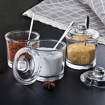 ZEAYEA Set of 2 Clear Glass Sugar Bowl, 6 Ounce Seasoning Box Condiment Pots with Spoon and Lid, Sugar Spice Salt Canister for Home Kitchen, Coffee Bar, Restaurant