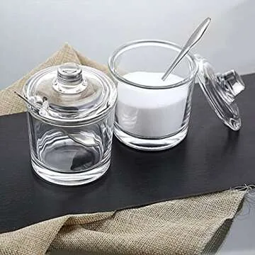 ZEAYEA Set of 2 Clear Glass Sugar Bowl, 6 Ounce Seasoning Box Condiment Pots with Spoon and Lid, Sugar Spice Salt Canister for Home Kitchen, Coffee Bar, Restaurant