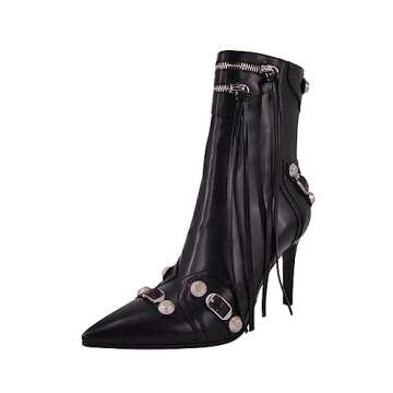 onlymaker Women's Fringed Ankle Boots Stiletto High Heel Zipper Rivets Metallic Pointed Toe Bootie F...