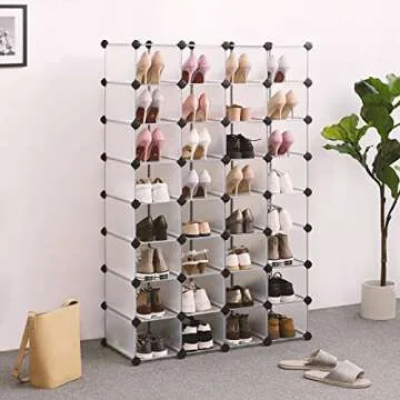 SONGMICS Shoe Rack, Space-Saving 28-Slot Plastic Shoe Storage Organizer Unit, Shoe Cabinet, Ideal for Entryway Hallway Closet Garage, 14.2 x 61.8 x 48 Inches, Transparent ULPC48S