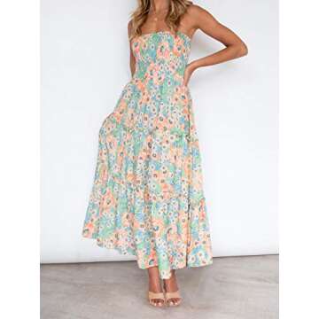 ZESICA Women's Summer Bohemian Floral Printed Strapless Beach Party Long Maxi Dress,Floral1,Large