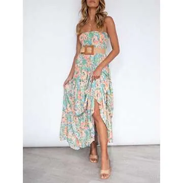 ZESICA Women's Summer Bohemian Floral Printed Strapless Beach Party Long Maxi Dress,Floral1,Large