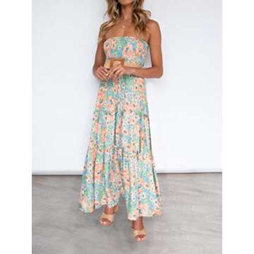 ZESICA Women's Summer Bohemian Floral Printed Strapless Beach Party Long Maxi Dress,Floral1,Large