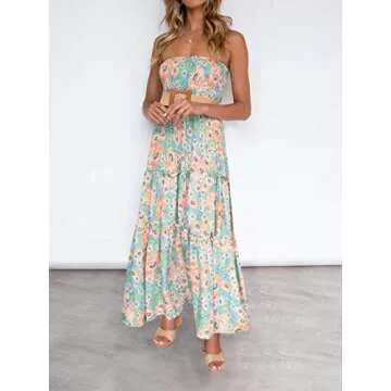 ZESICA Women's Summer Bohemian Floral Printed Strapless Beach Party Long Maxi Dress,Floral1,Large