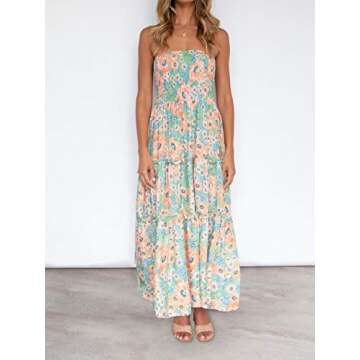 ZESICA Women's Summer Bohemian Floral Printed Strapless Beach Party Long Maxi Dress,Floral1,Large