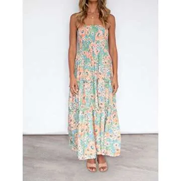 ZESICA Women's Summer Bohemian Floral Printed Strapless Beach Party Long Maxi Dress,Floral1,Large