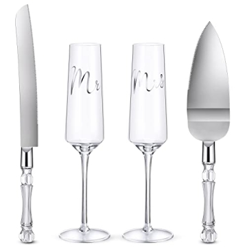 Boao 4 Pieces Wedding Toasting Flutes and Cake Server Set Wedding Reception Supplies Champagne Glass...