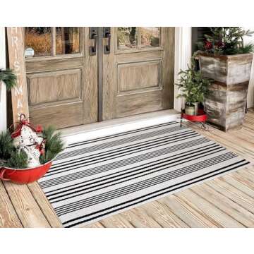 HOXCIK Black and White Striped Rug 24'' x 51'' Outdoor Rug Front Porch Rug Washable Front Door Rugs Cotton Hand-Woven Indoor/Outdoor Area Rug Layered Door Mats for Porch Rug Entry Rug