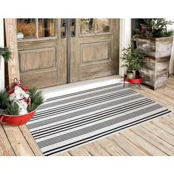 HOXCIK Black and White Striped Rug 24'' x 51'' Outdoor Rug Front Porch Rug Washable Front Door Rugs Cotton Hand-Woven Indoor/Outdoor Area Rug Layered Door Mats for Porch Rug Entry Rug