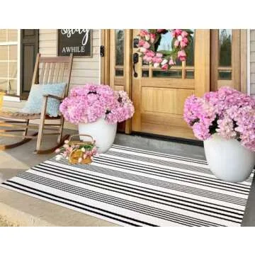 HOXCIK Black and White Striped Rug 24'' x 51'' Outdoor Rug Front Porch Rug Washable Front Door Rugs Cotton Hand-Woven Indoor/Outdoor Area Rug Layered Door Mats for Porch Rug Entry Rug