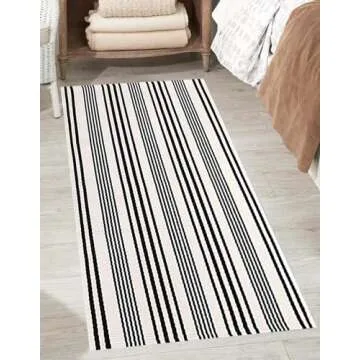 HOXCIK Black and White Striped Rug 24'' x 51'' Outdoor Rug Front Porch Rug Washable Front Door Rugs Cotton Hand-Woven Indoor/Outdoor Area Rug Layered Door Mats for Porch Rug Entry Rug