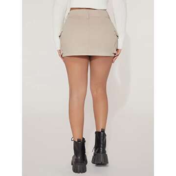 WDIRARA Women's Petite Low Waist Button Bodycon Mini Cargo Denim Skirt with Pocket Khaki Petite M