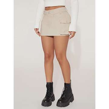 WDIRARA Women's Petite Low Waist Button Bodycon Mini Cargo Denim Skirt with Pocket Khaki Petite M