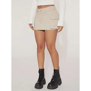 WDIRARA Women's Petite Low Waist Button Bodycon Mini Cargo Denim Skirt with Pocket Khaki Petite M
