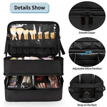 Extra Large Makeup Case, Professional Makeup Artist Traveling Bag, Double Layer XL Makeup Travel Case Organizer for Artist Nail Technician Hairstylist Crafters with 2 Detachable Pouch & Shoulder Strap