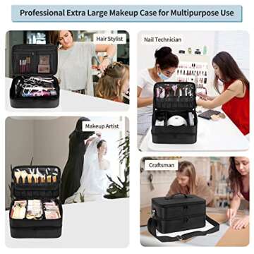 Extra Large Makeup Case, Professional Makeup Artist Traveling Bag, Double Layer XL Makeup Travel Case Organizer for Artist Nail Technician Hairstylist Crafters with 2 Detachable Pouch & Shoulder Strap