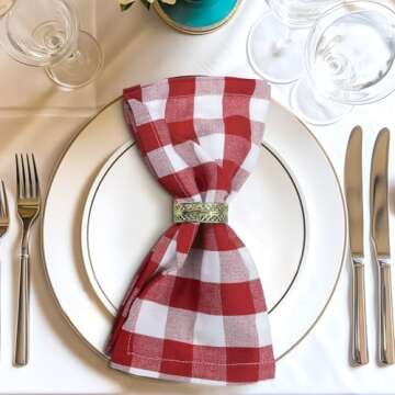 Urban Villa Dinner Napkins 100% Cotton Cloth Napkins Set of 12 Buffalo Check Size 20X20 Inch, Red/White Oversized Cloth Napkins with Mitered Corners, Ultra Soft, Durable Hotel Quality