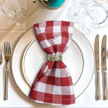 Urban Villa Dinner Napkins 100% Cotton Cloth Napkins Set of 12 Buffalo Check Size 20X20 Inch, Red/White Oversized Cloth Napkins with Mitered Corners, Ultra Soft, Durable Hotel Quality
