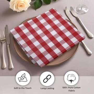 Urban Villa Dinner Napkins 100% Cotton Cloth Napkins Set of 12 Buffalo Check Size 20X20 Inch, Red/White Oversized Cloth Napkins with Mitered Corners, Ultra Soft, Durable Hotel Quality