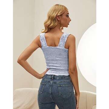 PICPUNMAK Women Square Neck Crop Tank Top Wide Strap Floral Fringe Lettuce Edge Crop Vest Sleeveless Crop Tops Tanks Cami Baby Blue